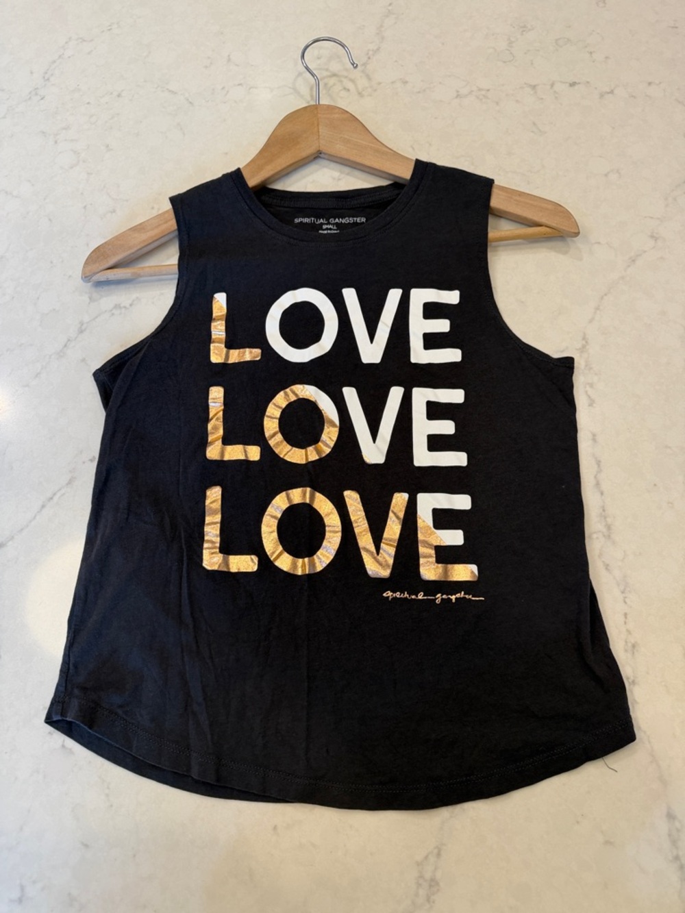Spiritual Gangster Black Tank with Gold & White LOVE Graphic Size Small